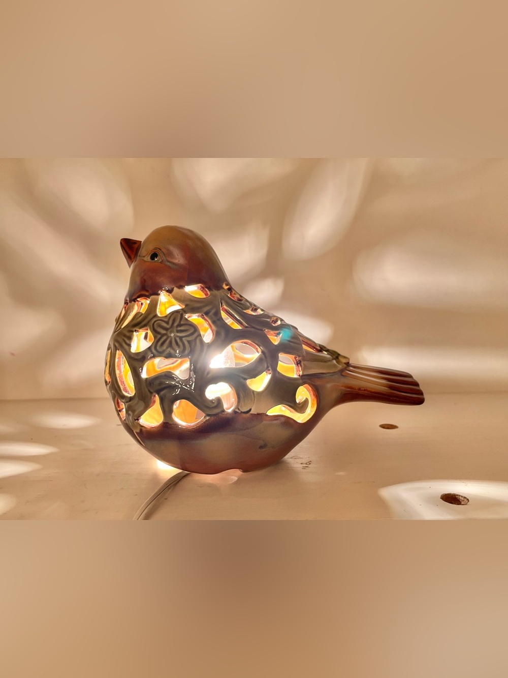 Ceramic vintage Bird Accent Lamp Pierced Floral Cutout Night Light Cottagecore